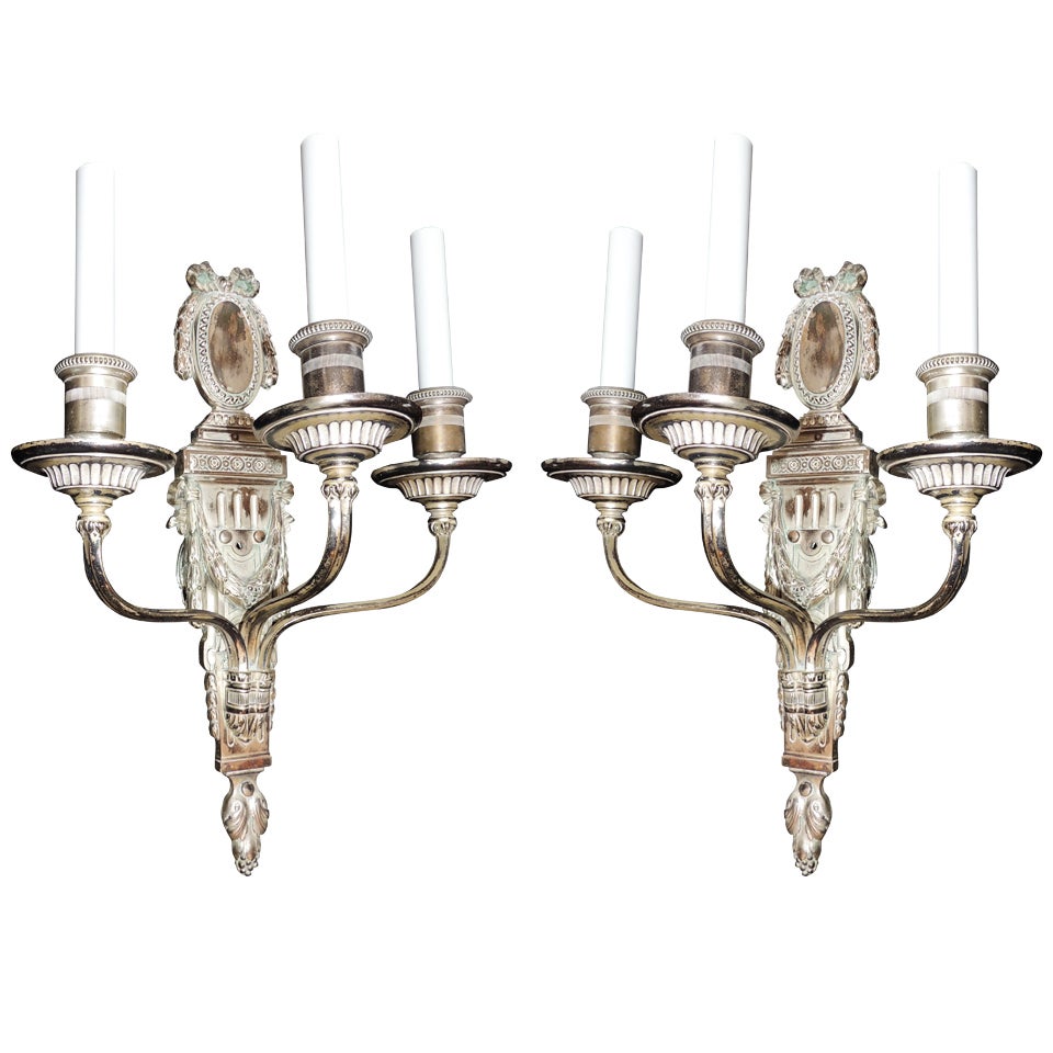 Rare Set 4 Caldwell Neoclassical Silvered Bronze Three-Arm Bow Nickel Sconces