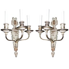 Rare Set 4 Caldwell Neoclassical Silvered Bronze Three-Arm Bow Nickel Sconces