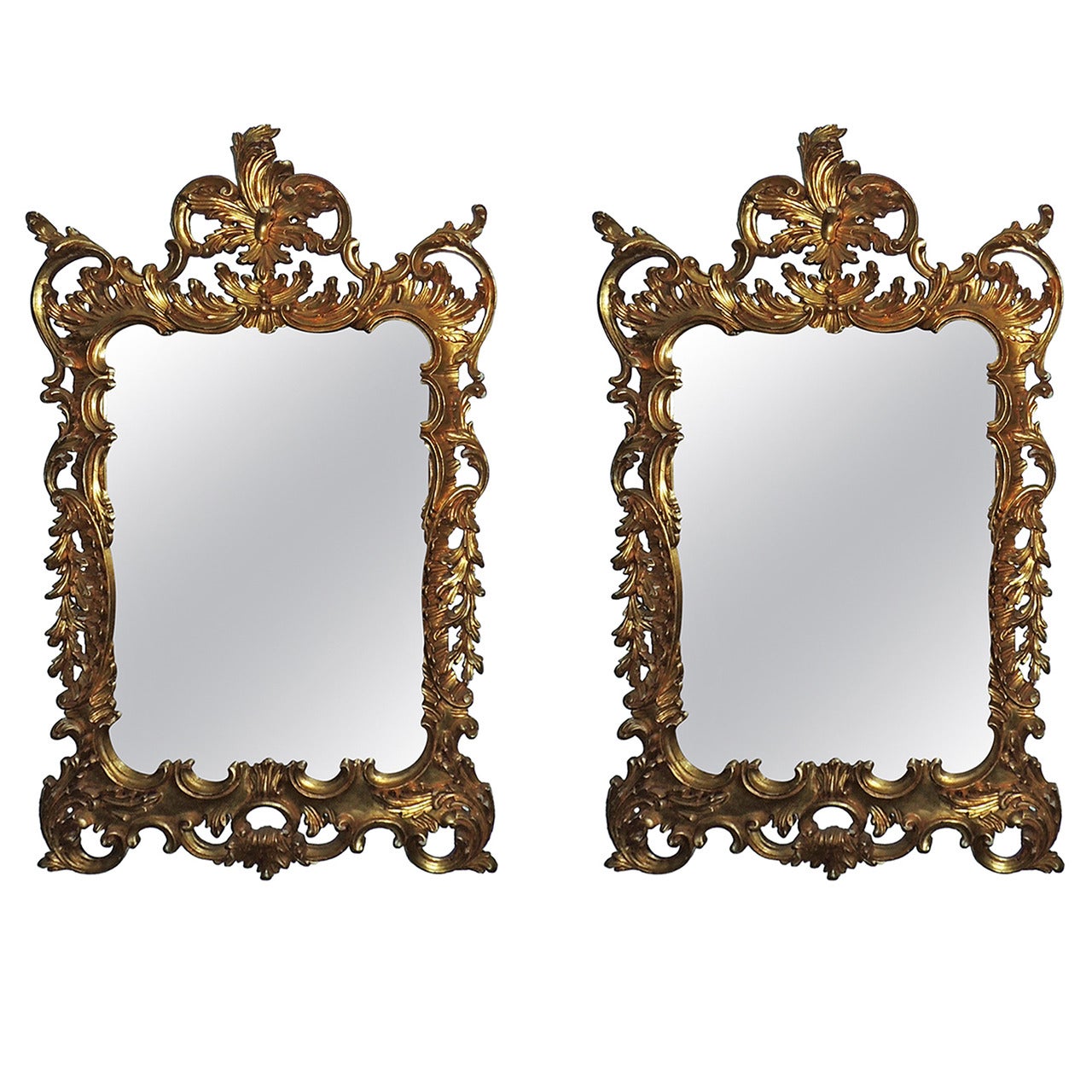 Wonderful Pair of Italian Gilt Carved Wood Rococo Mirrors with Beveled Edges