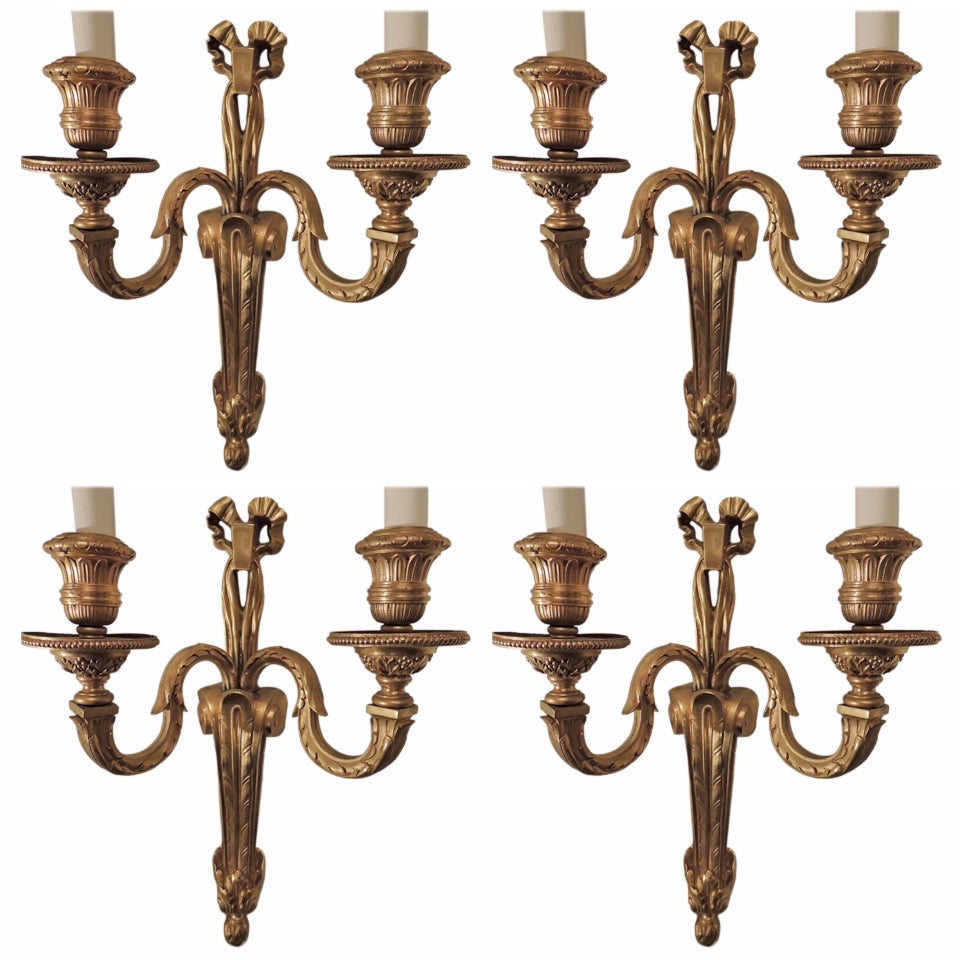 Wonderful Set of Four French Gilt Bronze Wall Sconces in the Style of Caldwell