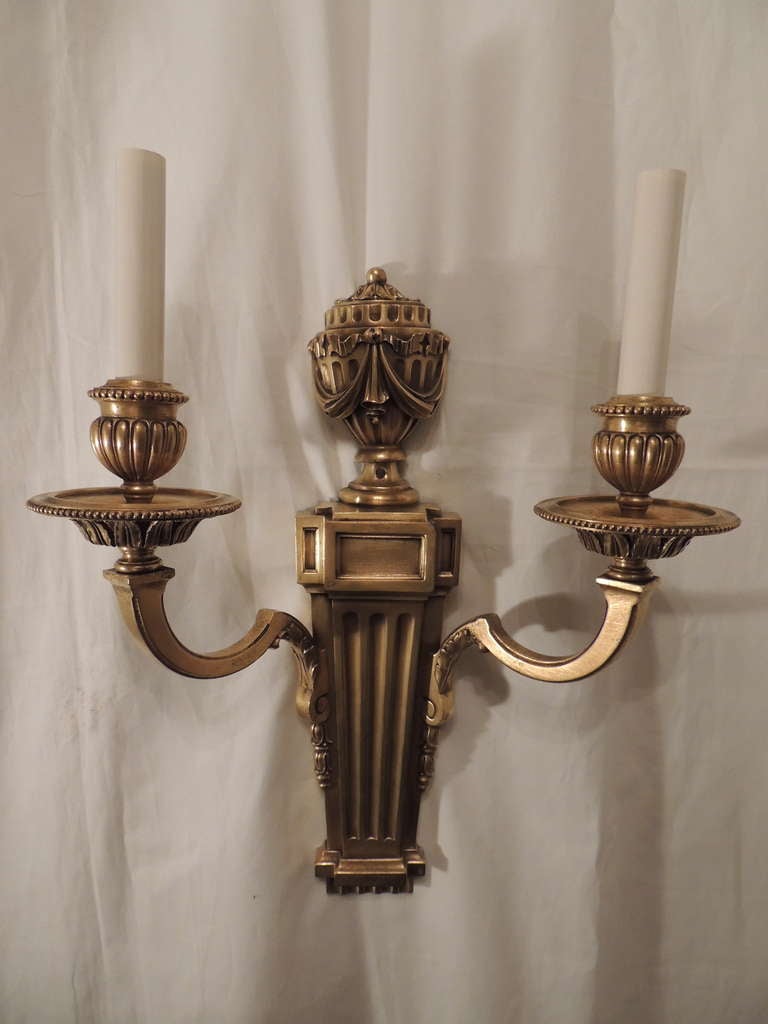 A Pair Of Handsome Gilt Dore Bronze Two Arm Wall Sconces In The Neoclassic Style Stamped