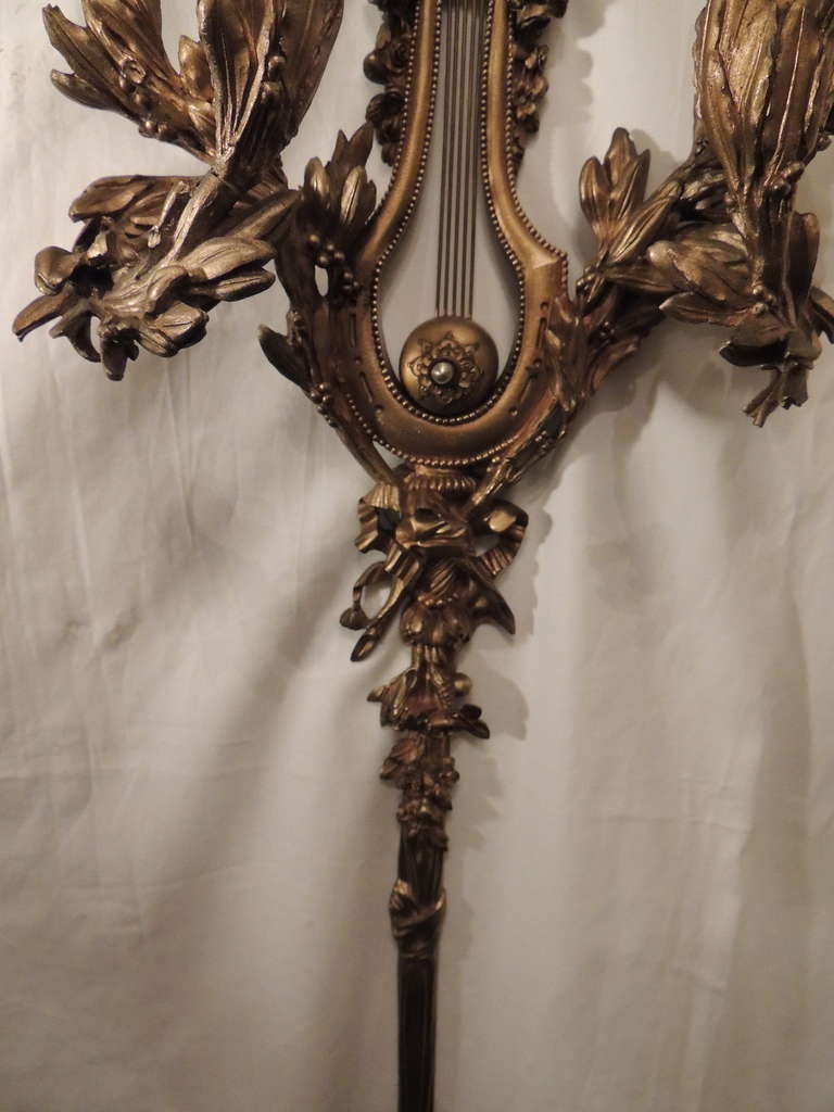 19th Century Large Pair of French Gilt Dore Bronze Figural Bow Top Four-Light Wall Sconces For Sale