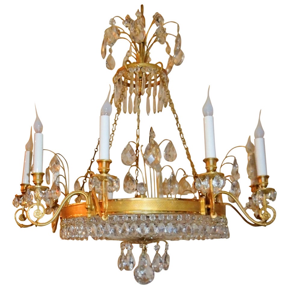 Very Fine French Empire Doré Bronze and Cut Crystal Baltic Chandelier