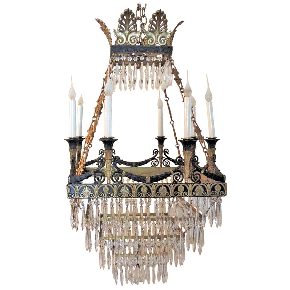 Very Fine Square French Empire Dore Bronze and Patinated Crystal Chandelier