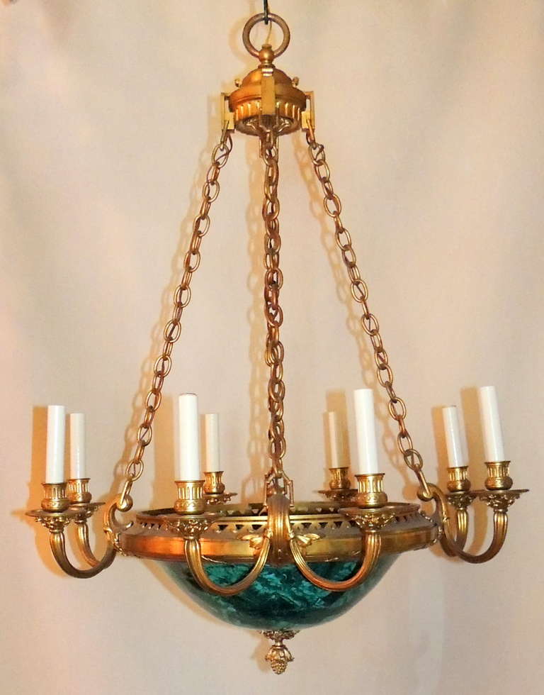 A Very Fine & Wonderful French Baltic 8 Light, 
Dore Bronze & Malachite Chandelier
Russian Empire Style
With 3 Internal Lights
MEASURES: 26” W X 35” H