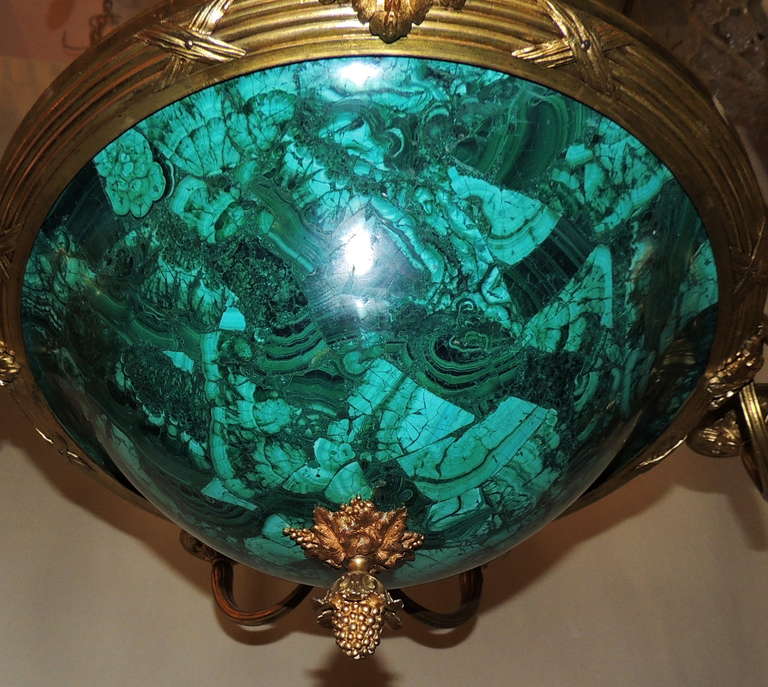 A Very Fine & Wonderful Baltic French 8 Light Dore Bronze & Malachite Chandelier In Good Condition In Roslyn, NY