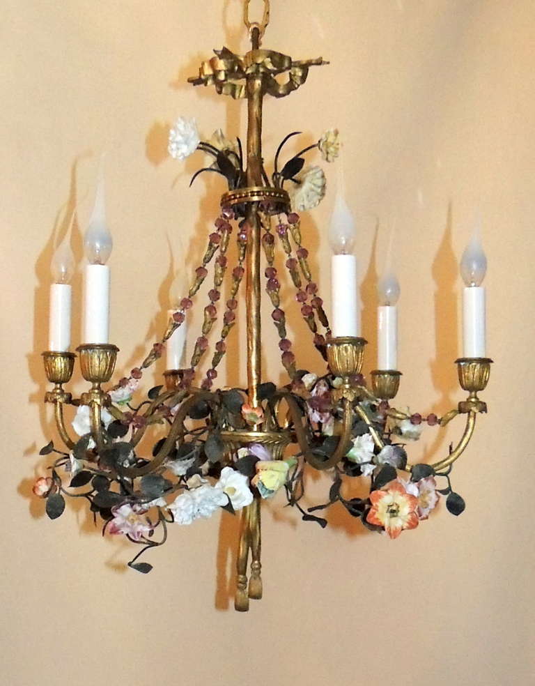 A Very Fine French Dore Bronze Basket Form Chandelier With Porcelain Flowers