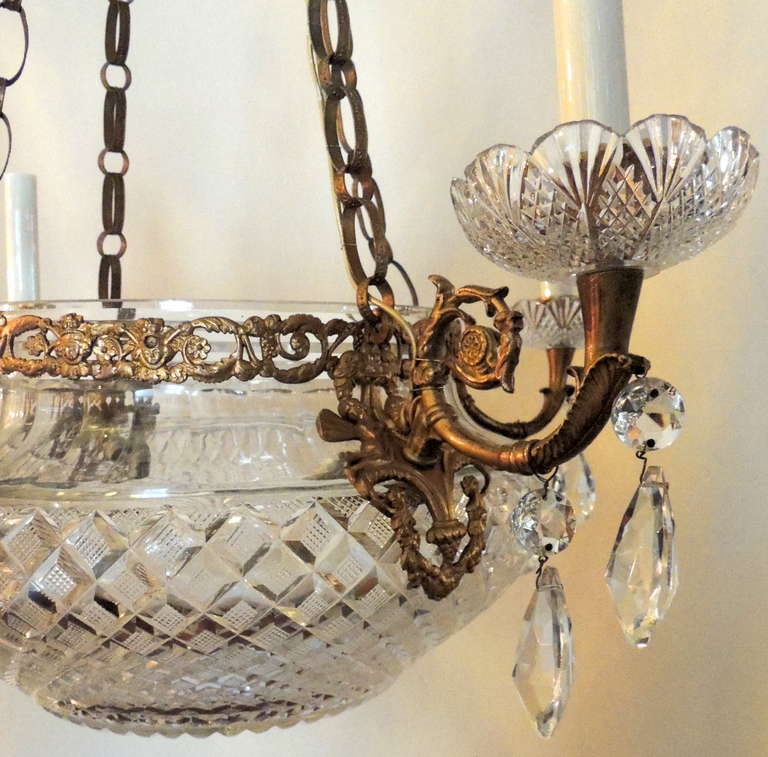 20th Century Exceptional French Empire Doré Bronze & Cut Crystal Four-Light Baltic Chandelier