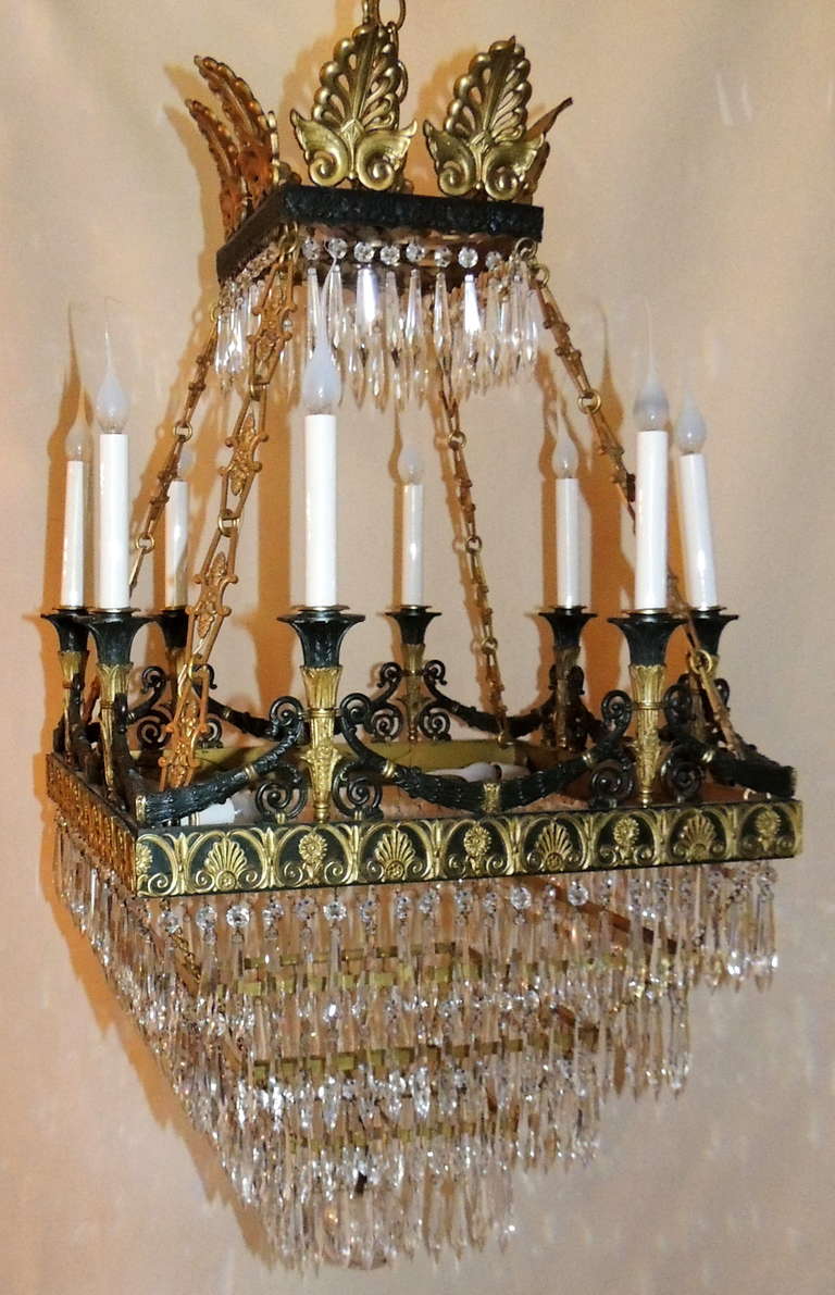 Very Fine Square French Empire Dore Bronze and Patinated Crystal Chandelier 5