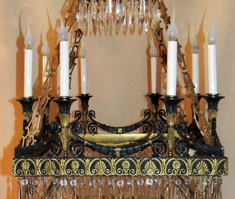 Very Fine Square French Empire Dore Bronze and Patinated Crystal Chandelier In Good Condition In Roslyn, NY