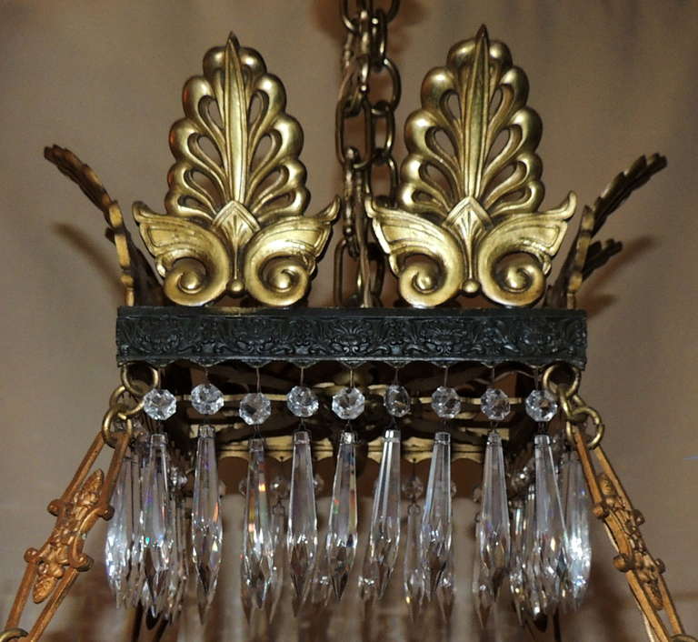 20th Century Very Fine Square French Empire Dore Bronze and Patinated Crystal Chandelier