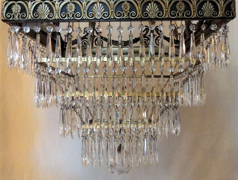 Very Fine Square French Empire Dore Bronze and Patinated Crystal Chandelier 1