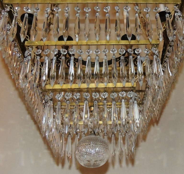Very Fine Square French Empire Dore Bronze and Patinated Crystal Chandelier 3