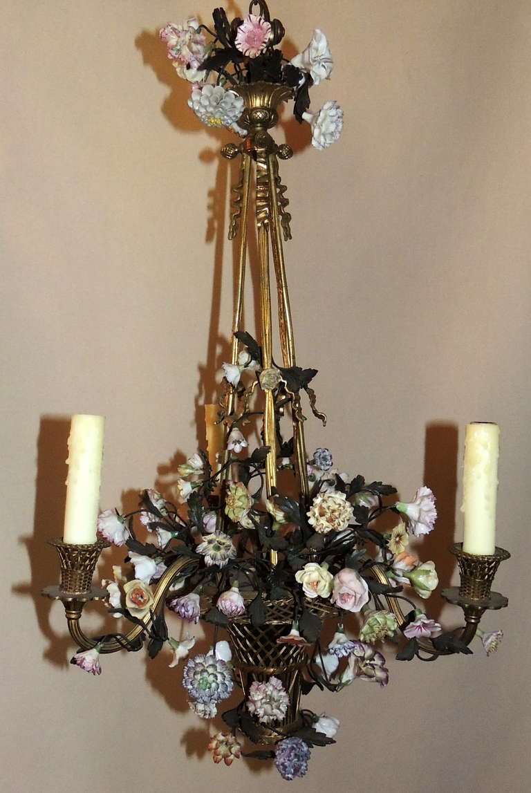 A Wonderful French Gilt Bronze And Fine Porcelain Basket Form Chandelier