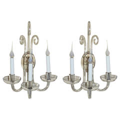 Wonderful Pair Of Modern & Transitional Vintage 3 Arm Crystal Glass Wall Sconces