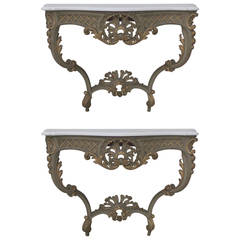 Pair French Louis XV 19th Century Hand-Carved Gilt Consoles with Marble Top