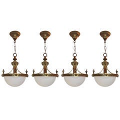 Outstanding Set of Four Gilt Bronze and Opaline Glass Caldwell Chandeliers