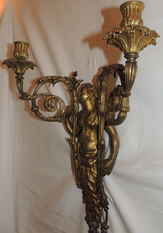Pair 19th Century French Empire Figural Bronze 2 Arm Wall Sconces Sothebys For Sale 1
