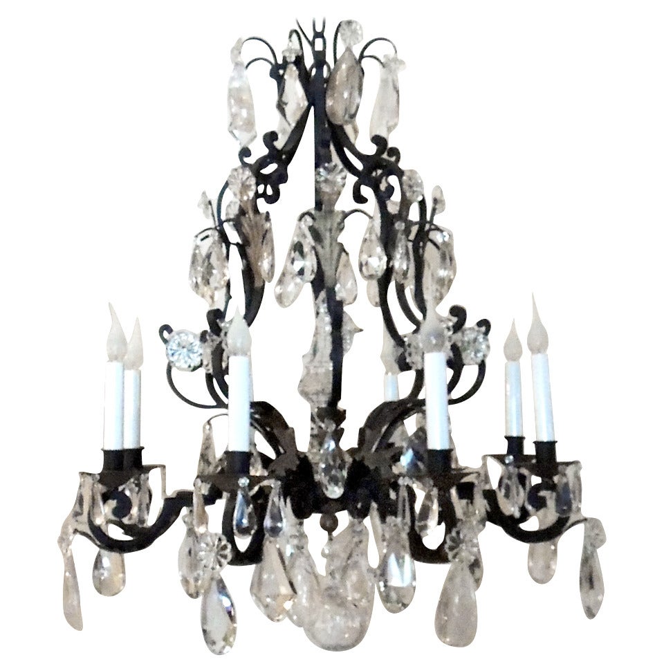A Wonderful French Wrought Iron & Rock Crystal Louis XV Style Chandelier