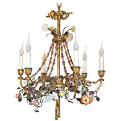A Very Fine French Dore Bronze Basket Form Chandelier With Porcelain Flowers
