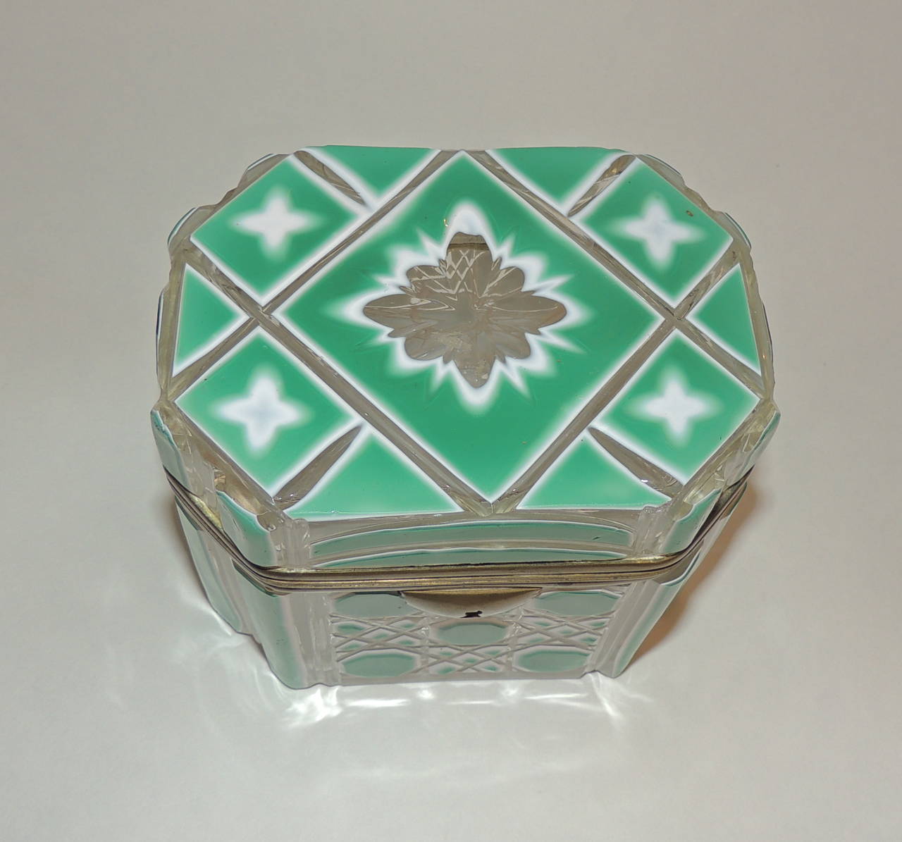 Art Glass Incredible 19th Century Bohemian Ormolu White and Green Glass Crystal Casket Box