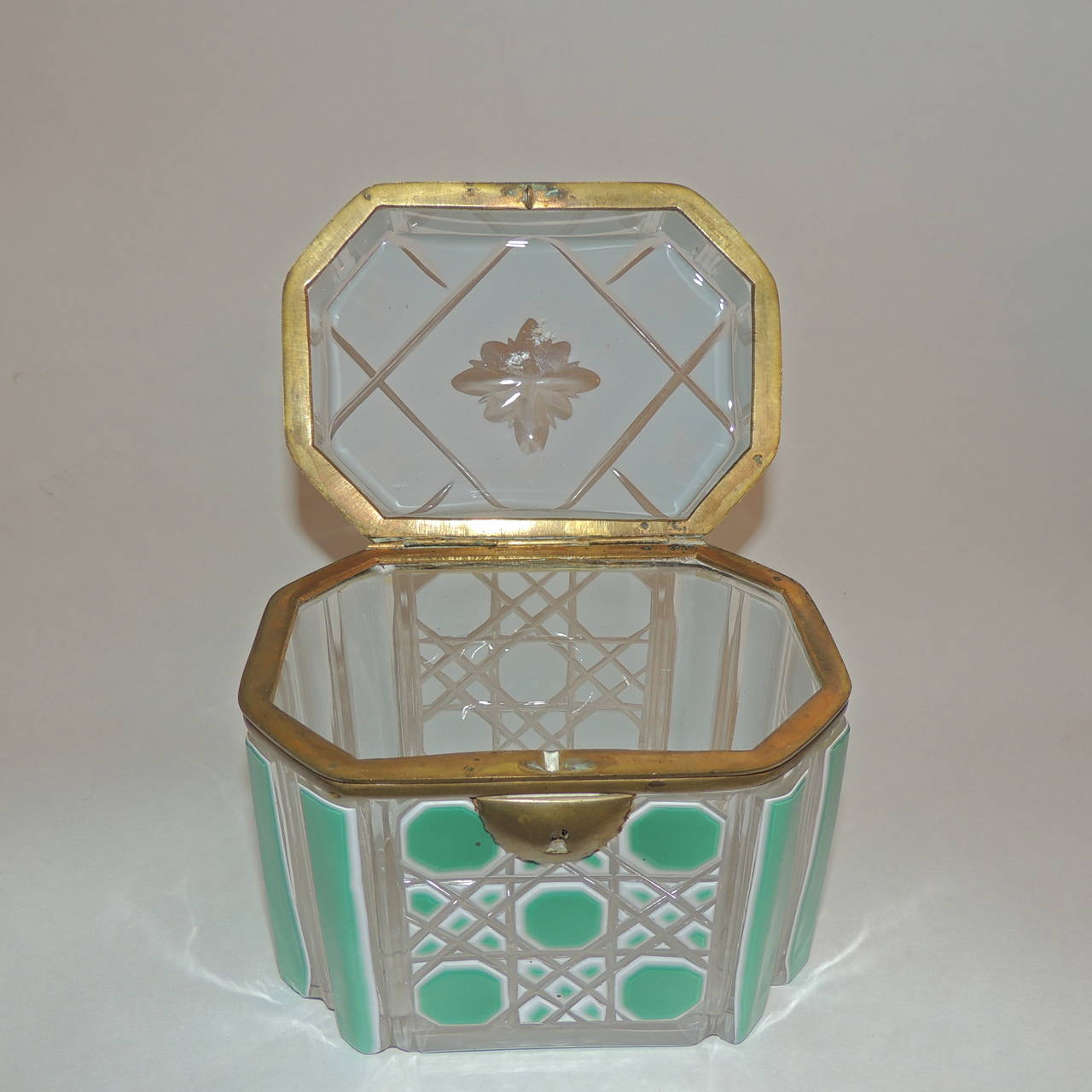 Incredible 19th Century Bohemian Ormolu White and Green Glass Crystal Casket Box 1