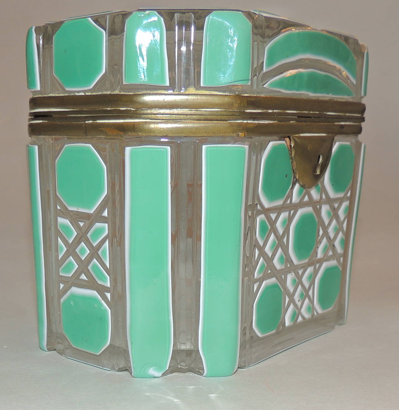 Incredible 19th Century Bohemian Ormolu White and Green Glass Crystal Casket Box 4
