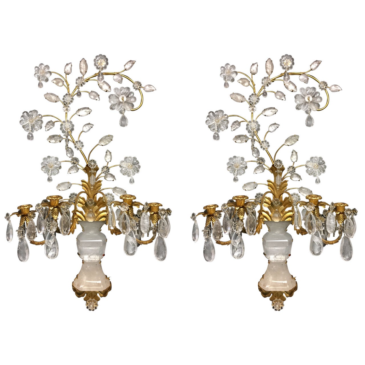 Elegant Pair Jansen Vintage Bagues Gilt Metal Rock Crystal Floral Spray Sconces
