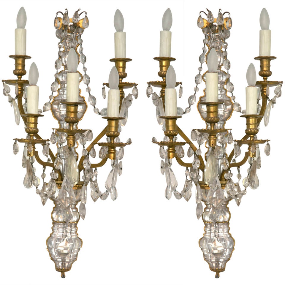 Pair of French Rock Crystal and Dore Bronze Five-Light Bagues Wall Sconces