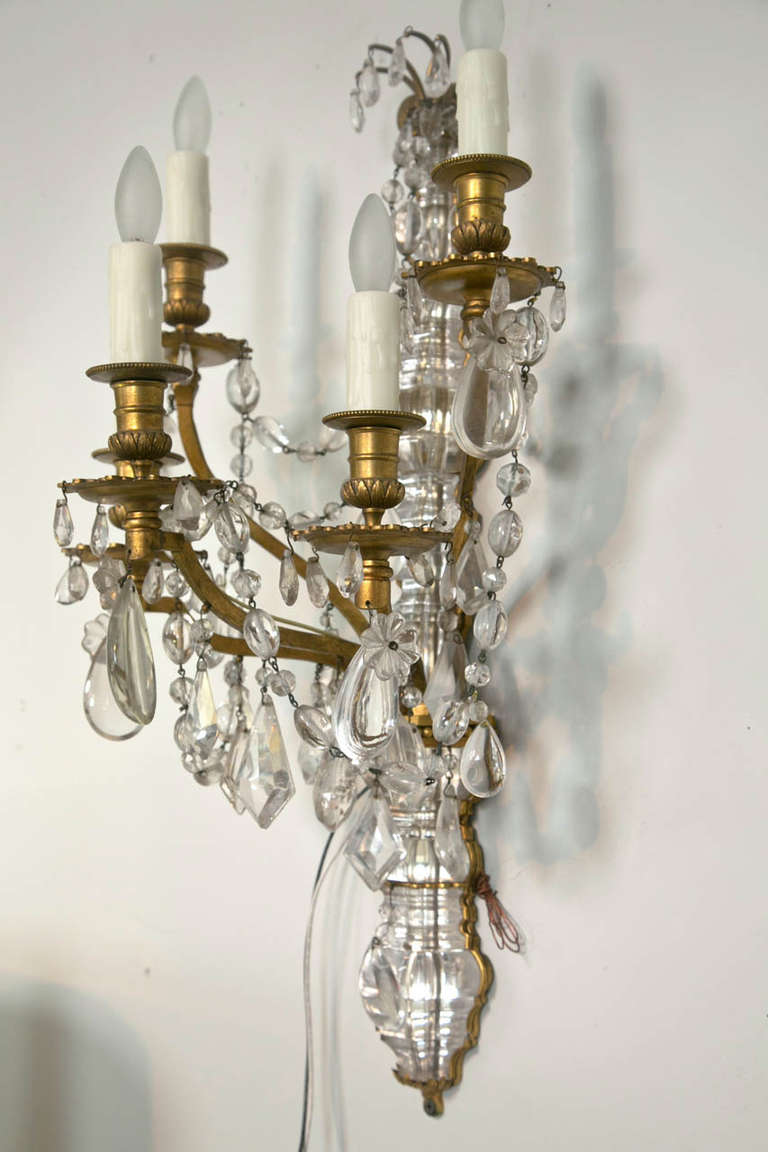 Belle Époque Pair of French Rock Crystal and Dore Bronze Five-Light Bagues Wall Sconces