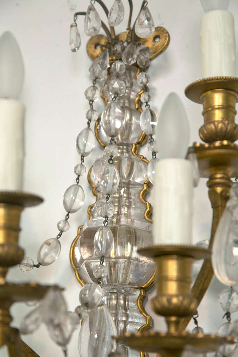 Pair of French Rock Crystal and Dore Bronze Five-Light Bagues Wall Sconces In Good Condition In Roslyn, NY