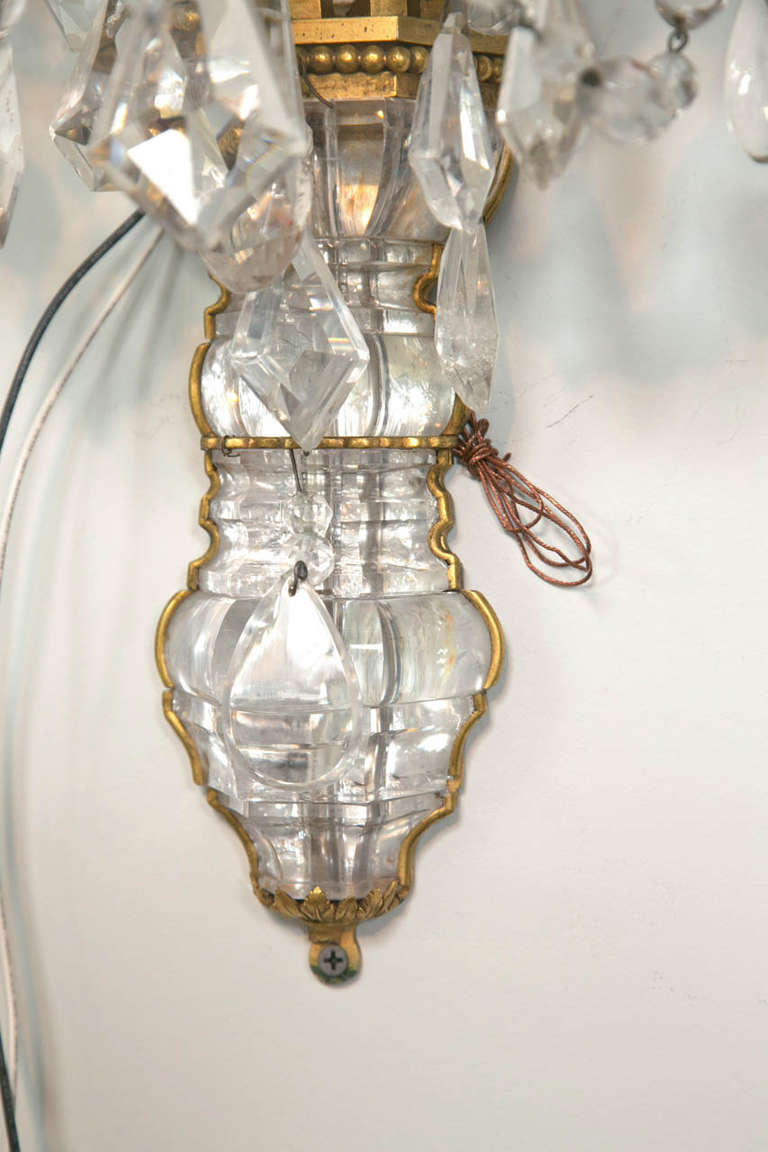 20th Century Pair of French Rock Crystal and Dore Bronze Five-Light Bagues Wall Sconces