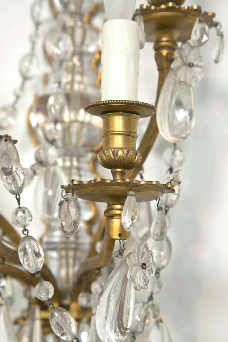 Pair of French Rock Crystal and Dore Bronze Five-Light Bagues Wall Sconces 1