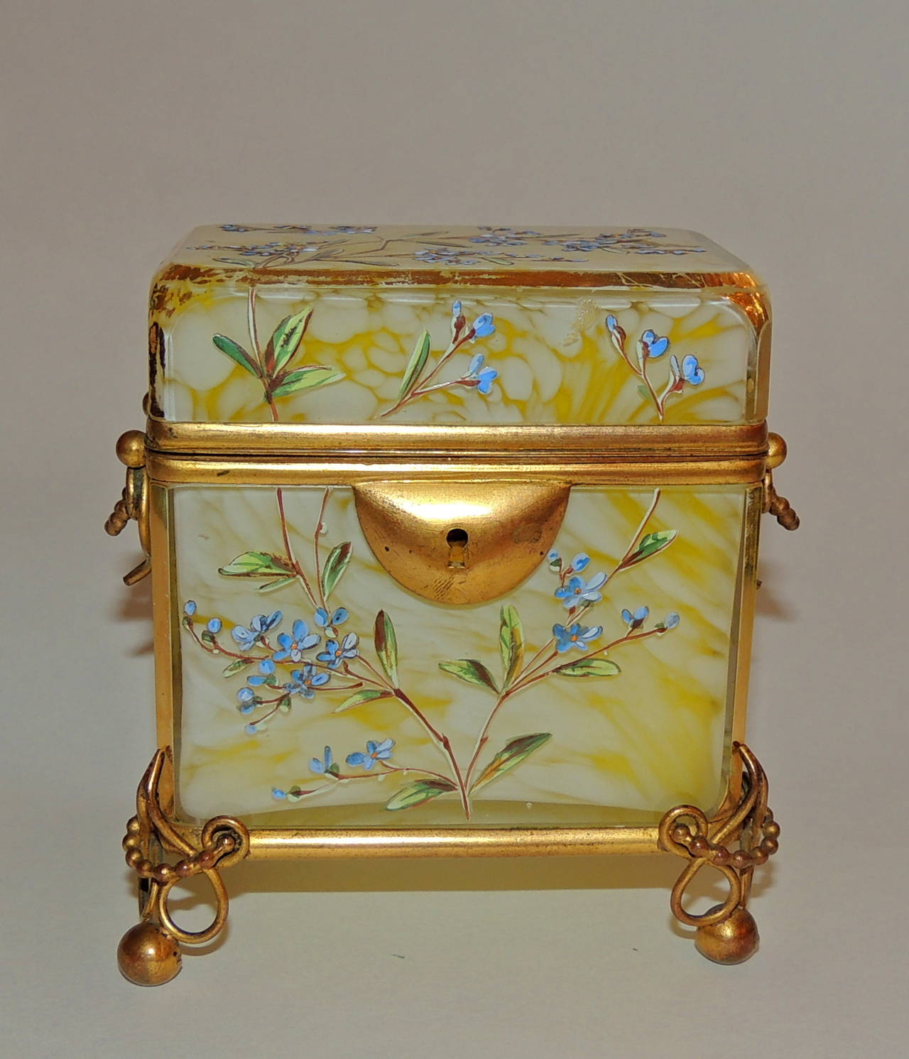 Belle Époque Rare Bohemian Marbleized Glass Hand-Painted Enameled Ormulo Casket Box
