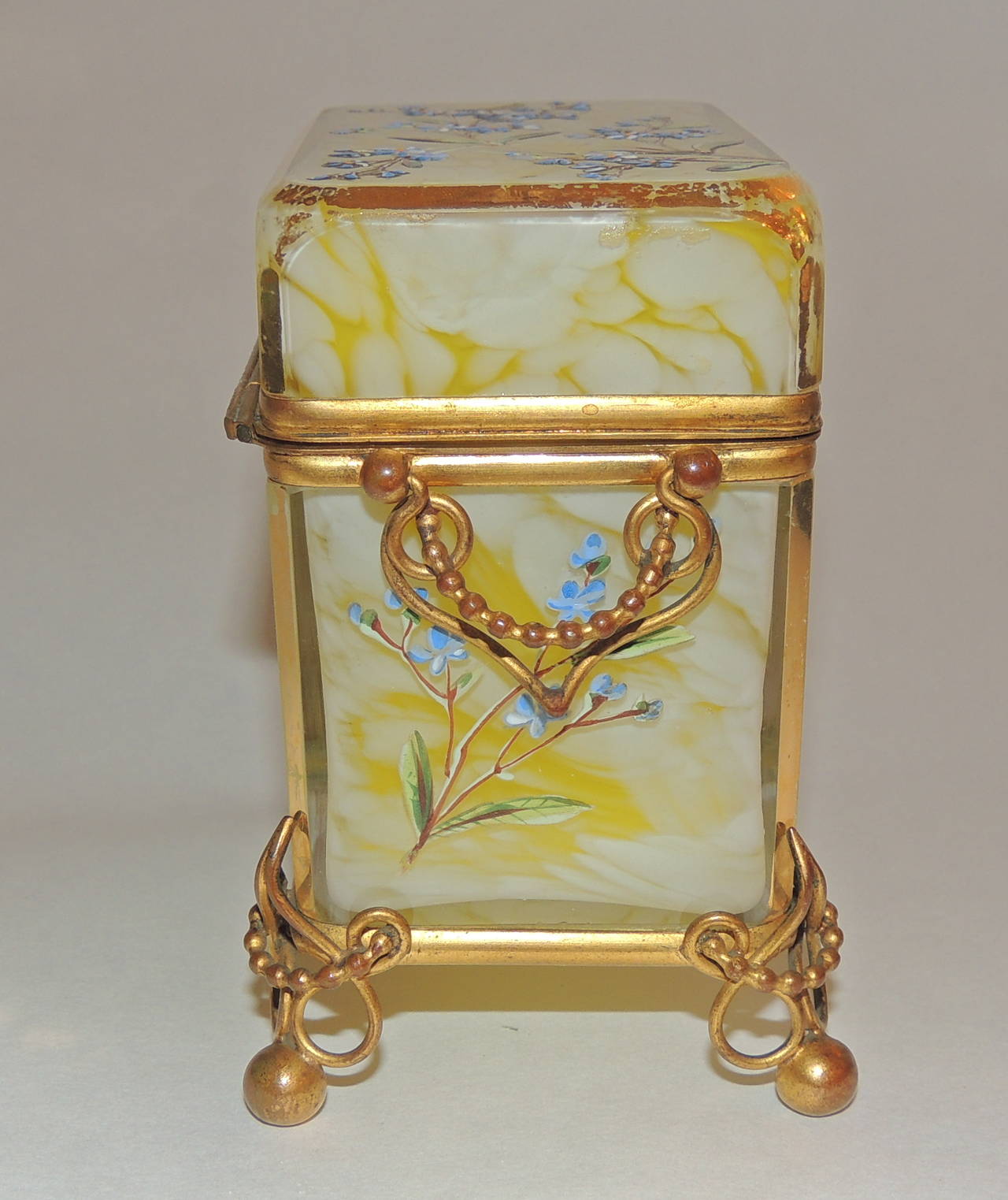 Czech Rare Bohemian Marbleized Glass Hand-Painted Enameled Ormulo Casket Box