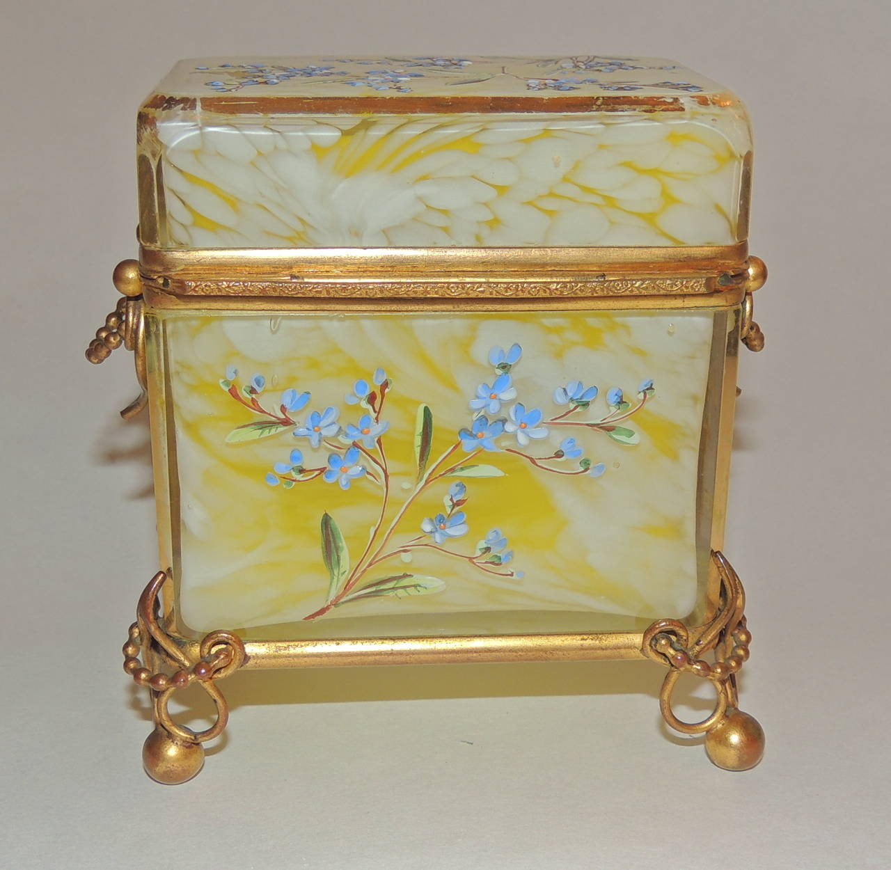 Rare Bohemian Marbleized Glass Hand-Painted Enameled Ormulo Casket Box In Good Condition In Roslyn, NY