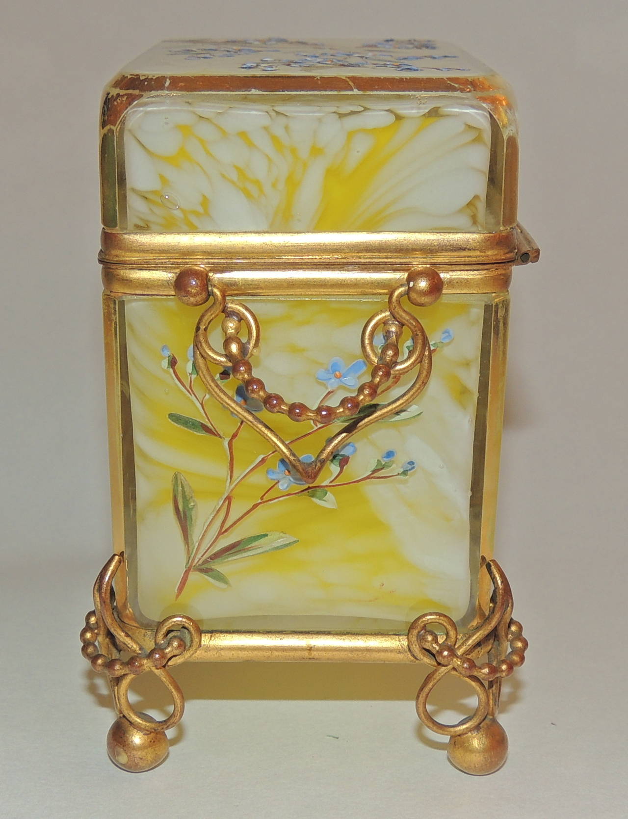 19th Century Rare Bohemian Marbleized Glass Hand-Painted Enameled Ormulo Casket Box