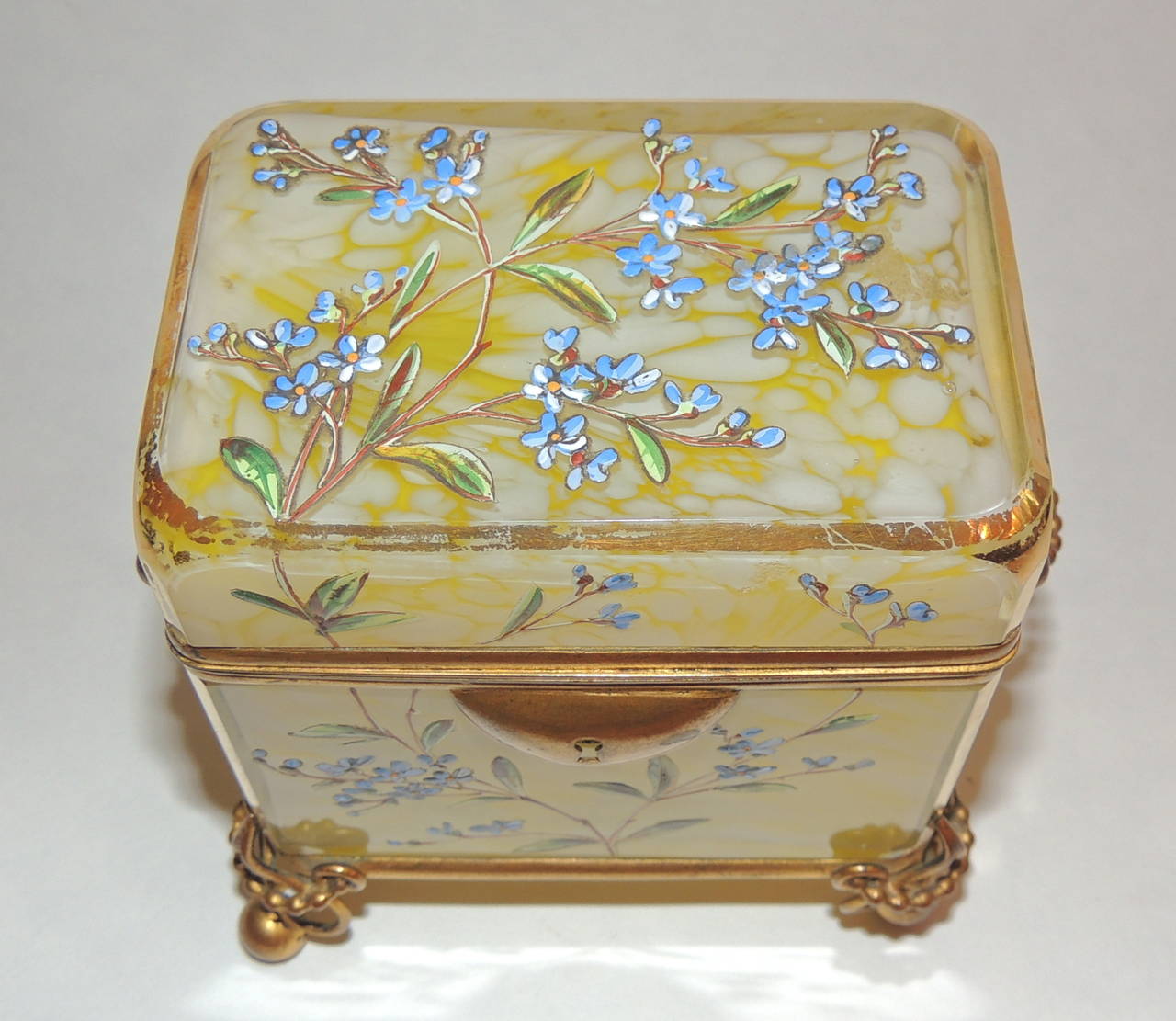 Art Glass Rare Bohemian Marbleized Glass Hand-Painted Enameled Ormulo Casket Box