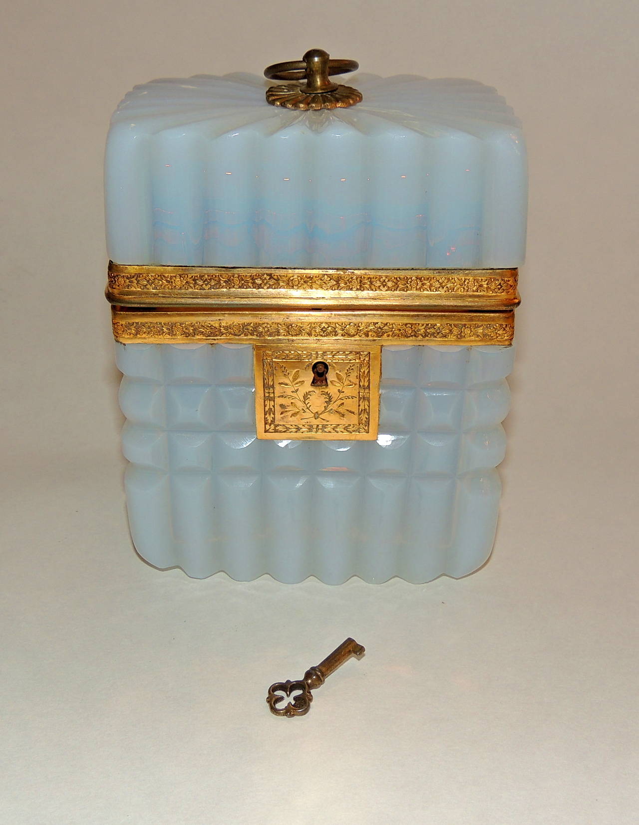 Belle Époque Rare French White Opaline Ribbed Ormolu Dore Glass Casket Box with Key