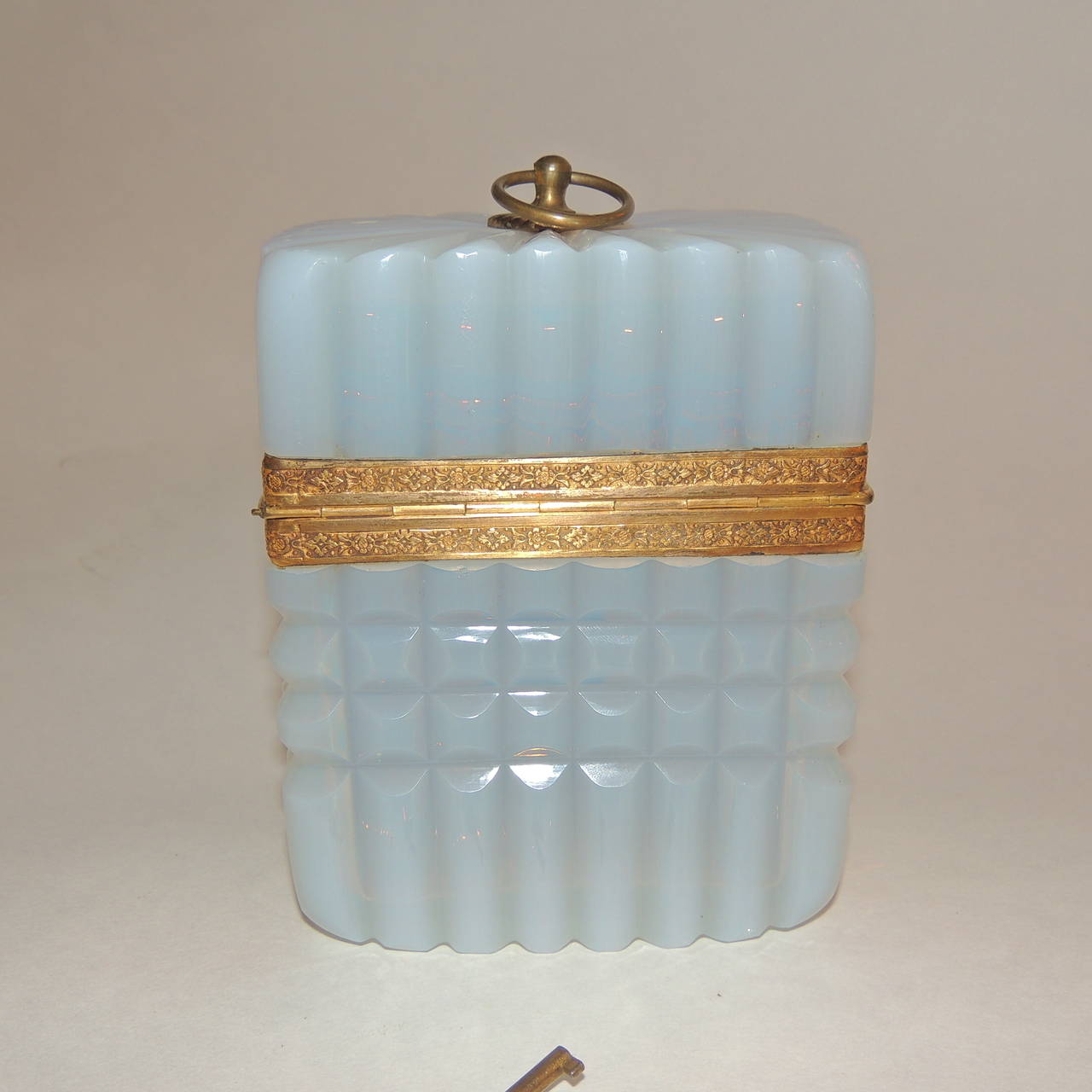 Early 20th Century Rare French White Opaline Ribbed Ormolu Dore Glass Casket Box with Key