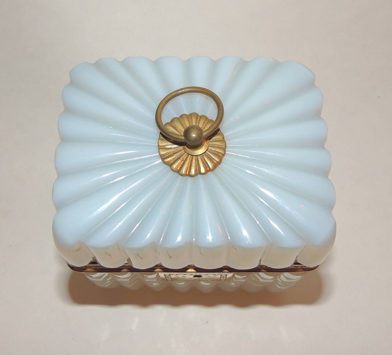 Art Glass Rare French White Opaline Ribbed Ormolu Dore Glass Casket Box with Key