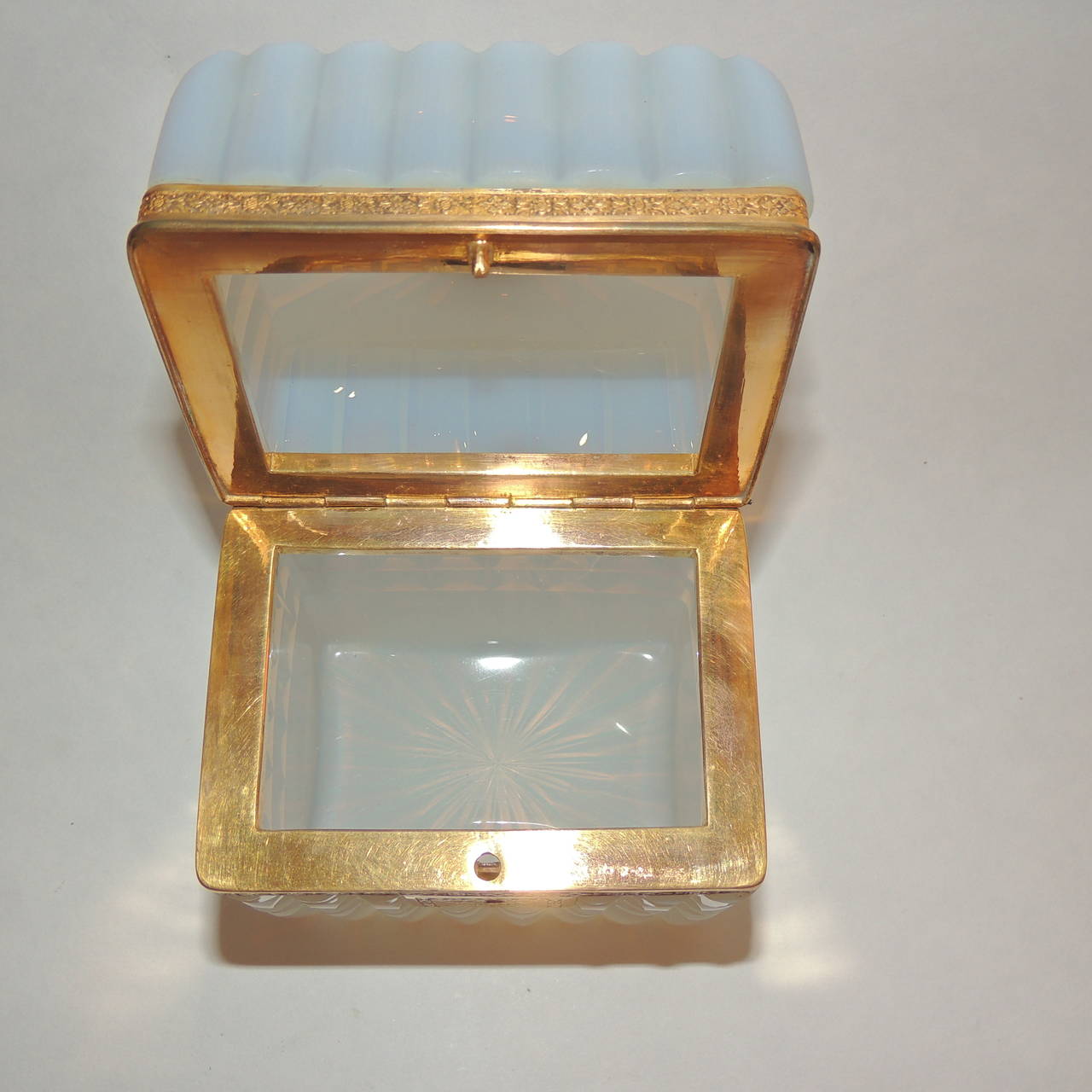Rare French White Opaline Ribbed Ormolu Dore Glass Casket Box with Key 1