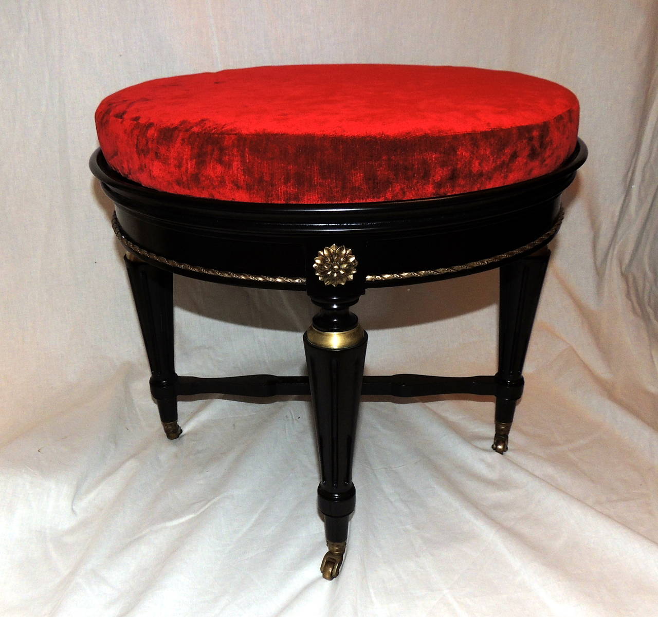 Mid-20th Century French Pair of Black Lacquered Bronze Ormolu Benches Maison Jansen Stools