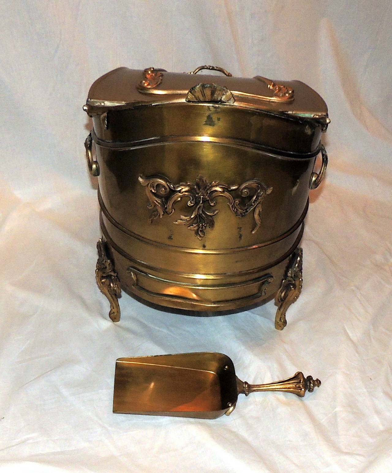Wonderful French Bronze Brass Coal Scuttle Box with Original Insert and Shovel 1