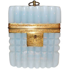 Rare French White Opaline Ribbed Ormolu Dore Glass Casket Box with Key