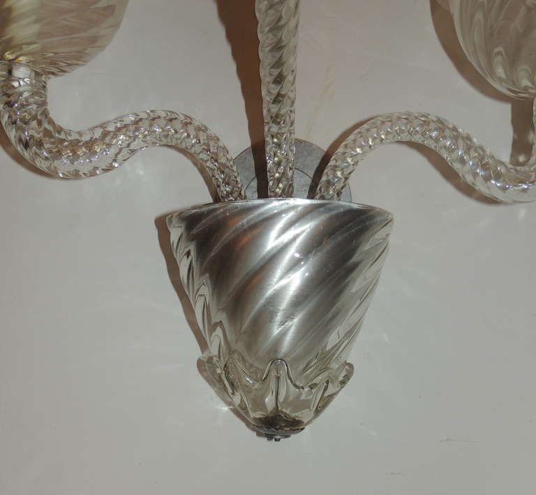 Mid Century Pair Vintage Murano Art Glass Modern Transitional Large Wall Sconces For Sale 3