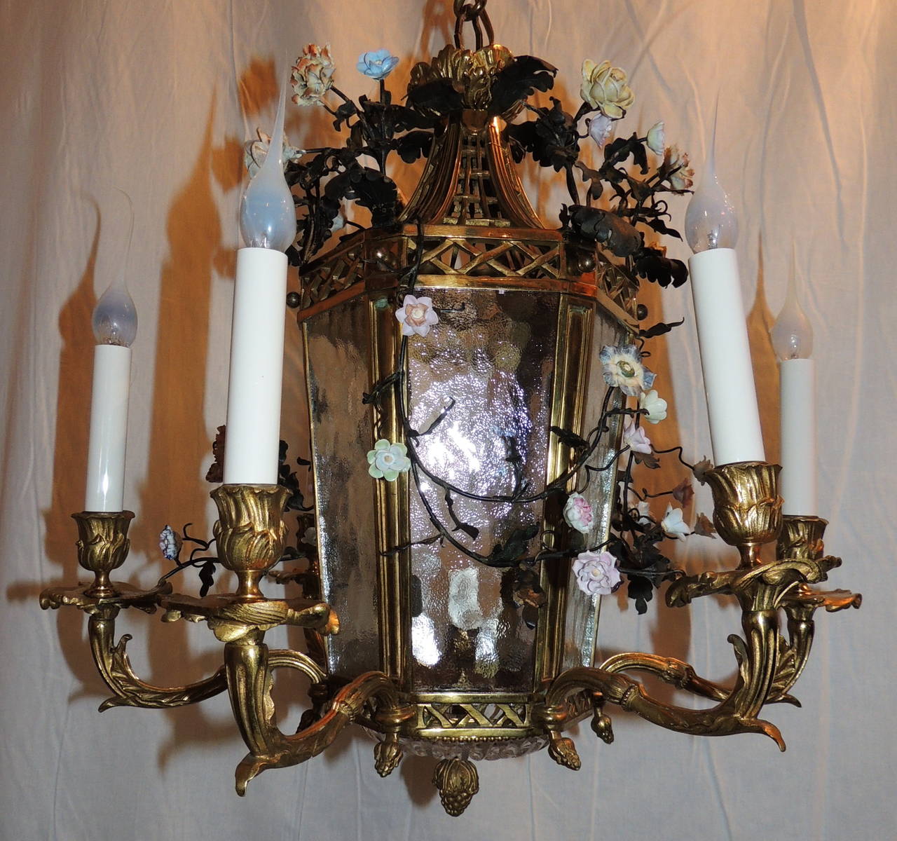 Gilt Wonderful French Dore Bronze Five-Light Lantern Chandelier Porcelain Flowers