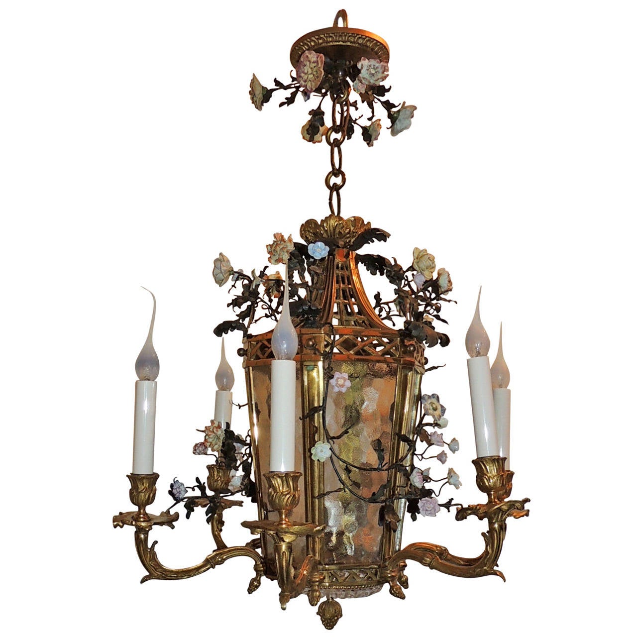 Wonderful French Dore Bronze Five Light Lantern Chandelier Porcelain Wonderful French Dore Bronze Five Light Lantern Chandelier Porcelain Flowers For
