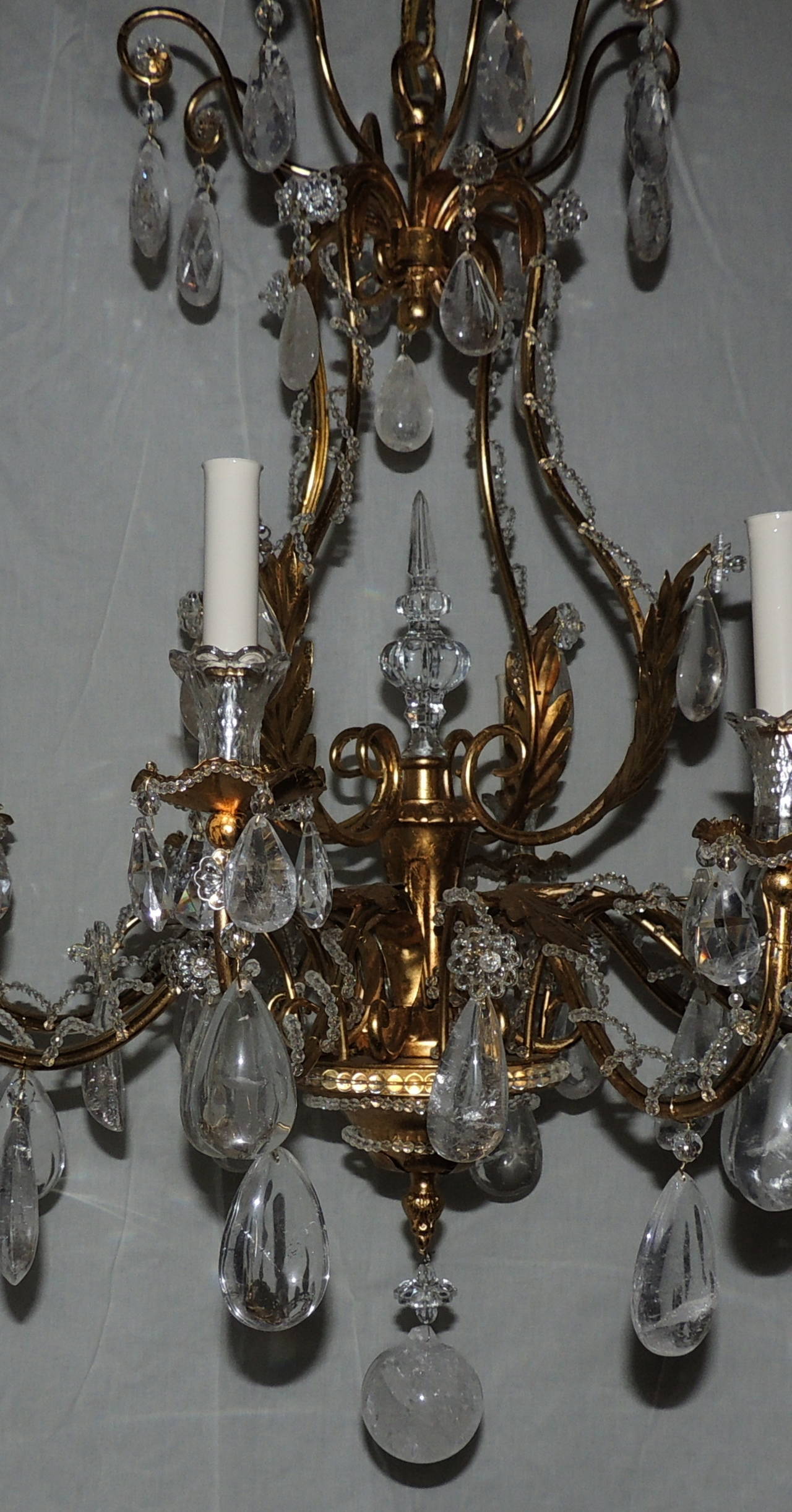 Belle Époque Extraordinary French Eight-Light Gilt Beaded and Rock Crystal Bagues Chandelier