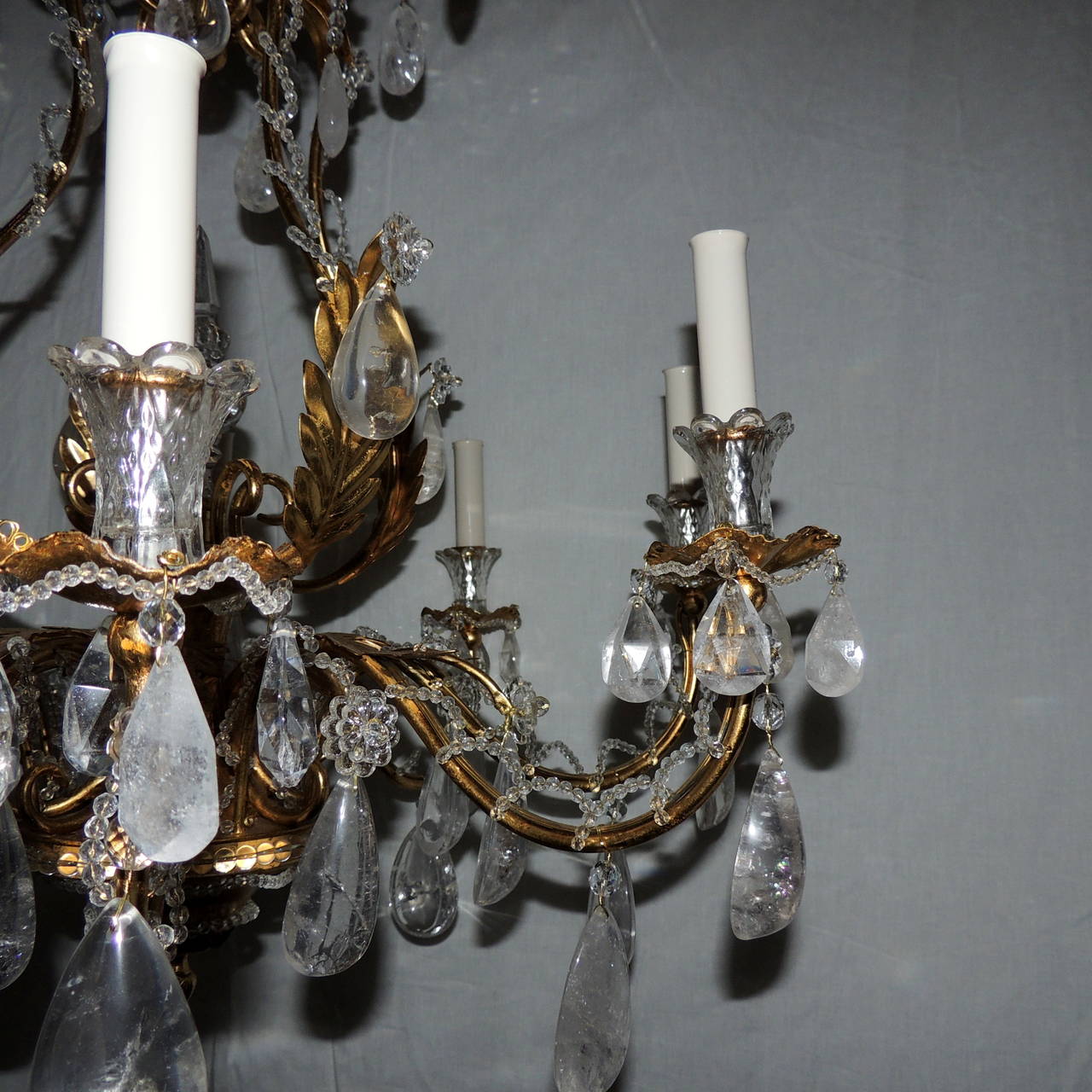 Mid-20th Century Extraordinary French Eight-Light Gilt Beaded and Rock Crystal Bagues Chandelier